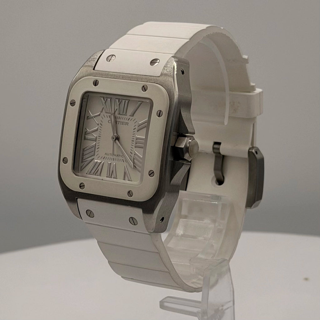 Cartier Santos 100 Silver Dial on White Rubber Strap W20129U2