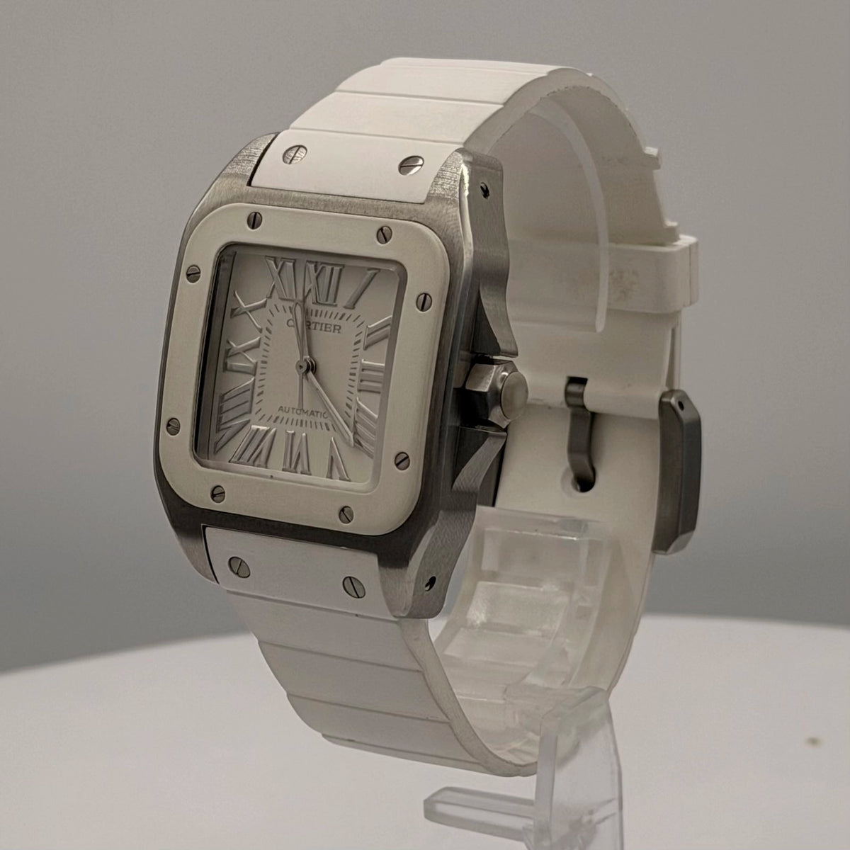 Cartier Santos 100 Silver Dial on White Rubber Strap W20129U2