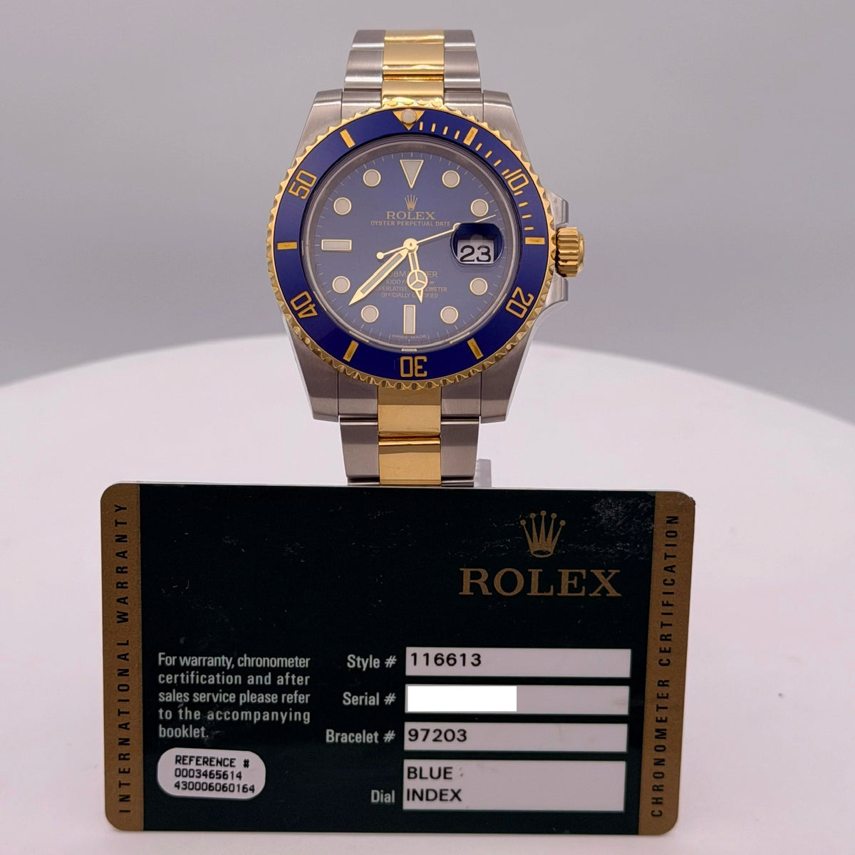 Rolex Submariner Black Index Dial on Oyster 116613 Card 2014