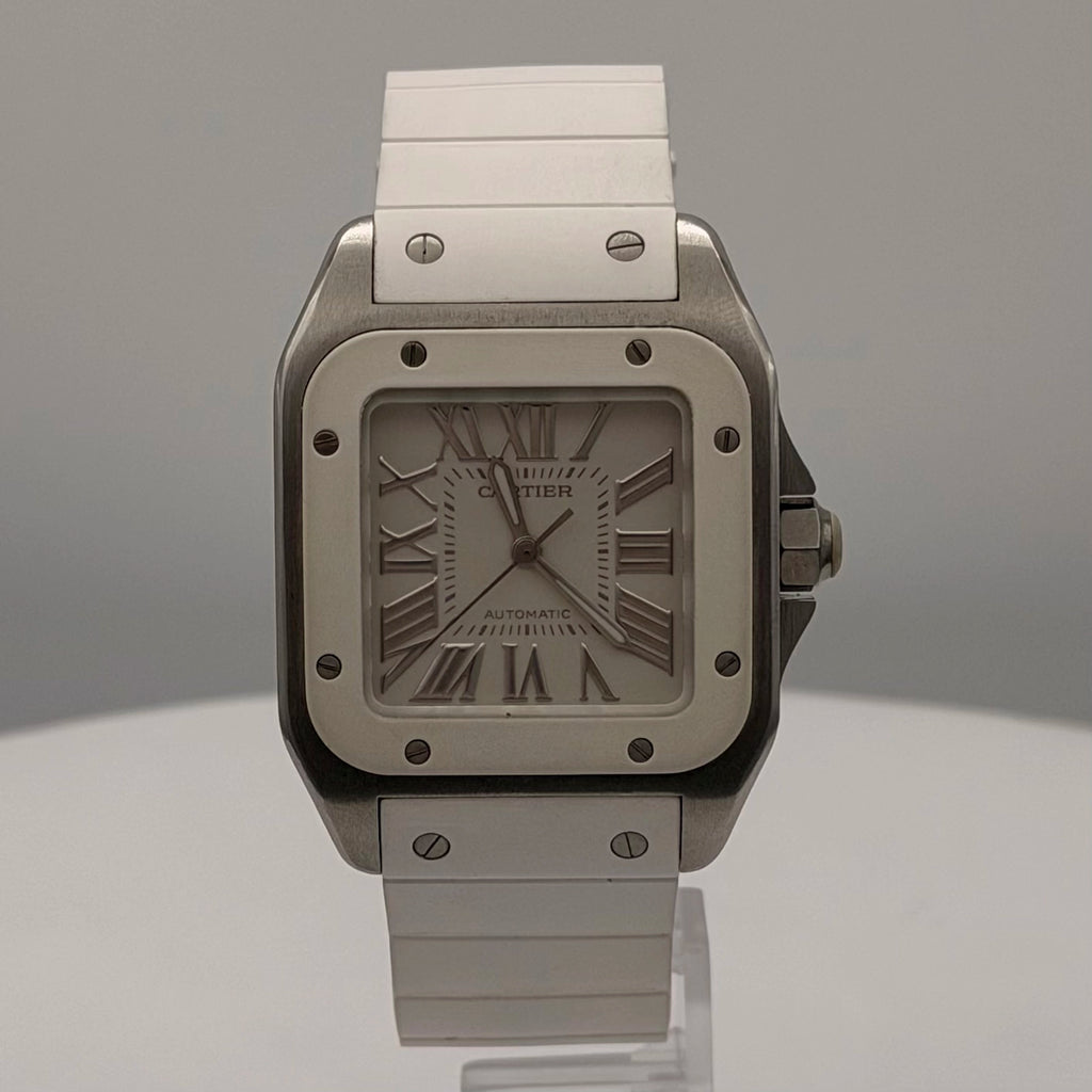 Cartier Santos 100 Silver Dial on White Rubber Strap W20129U2