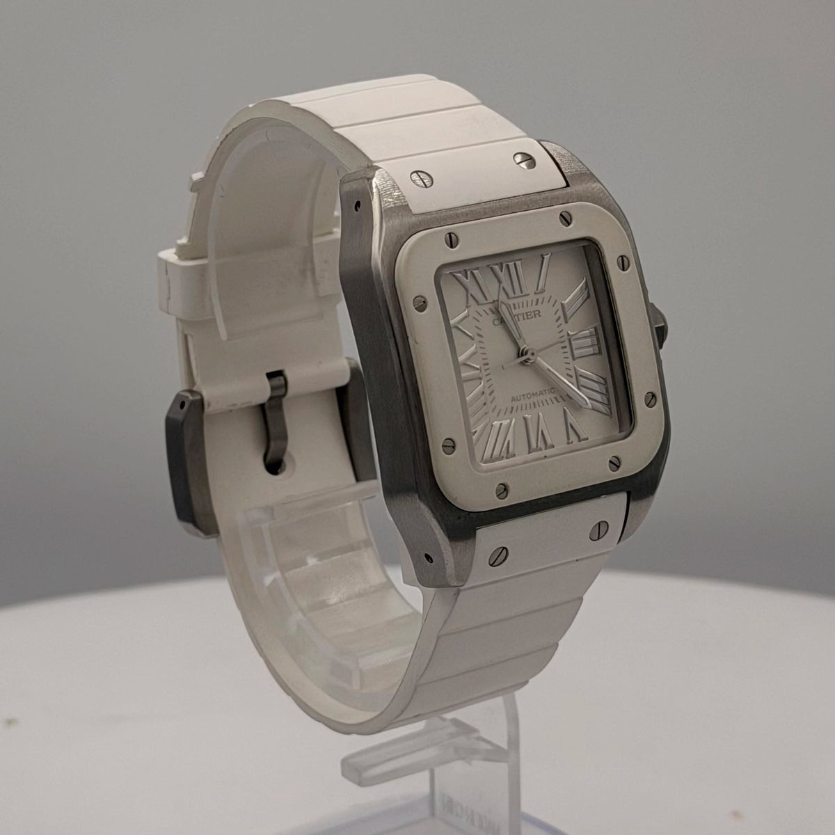 Cartier Santos 100 Silver Dial on White Rubber Strap W20129U2